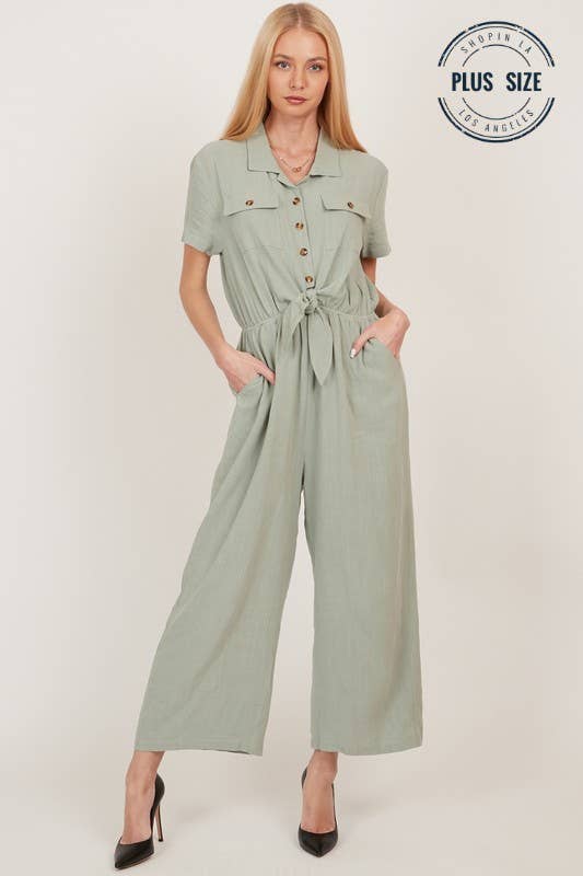 Shopin LA - CSP9220P - PLUS BUTTON UP FRONT POCKET COLLARED JUMPSUIT