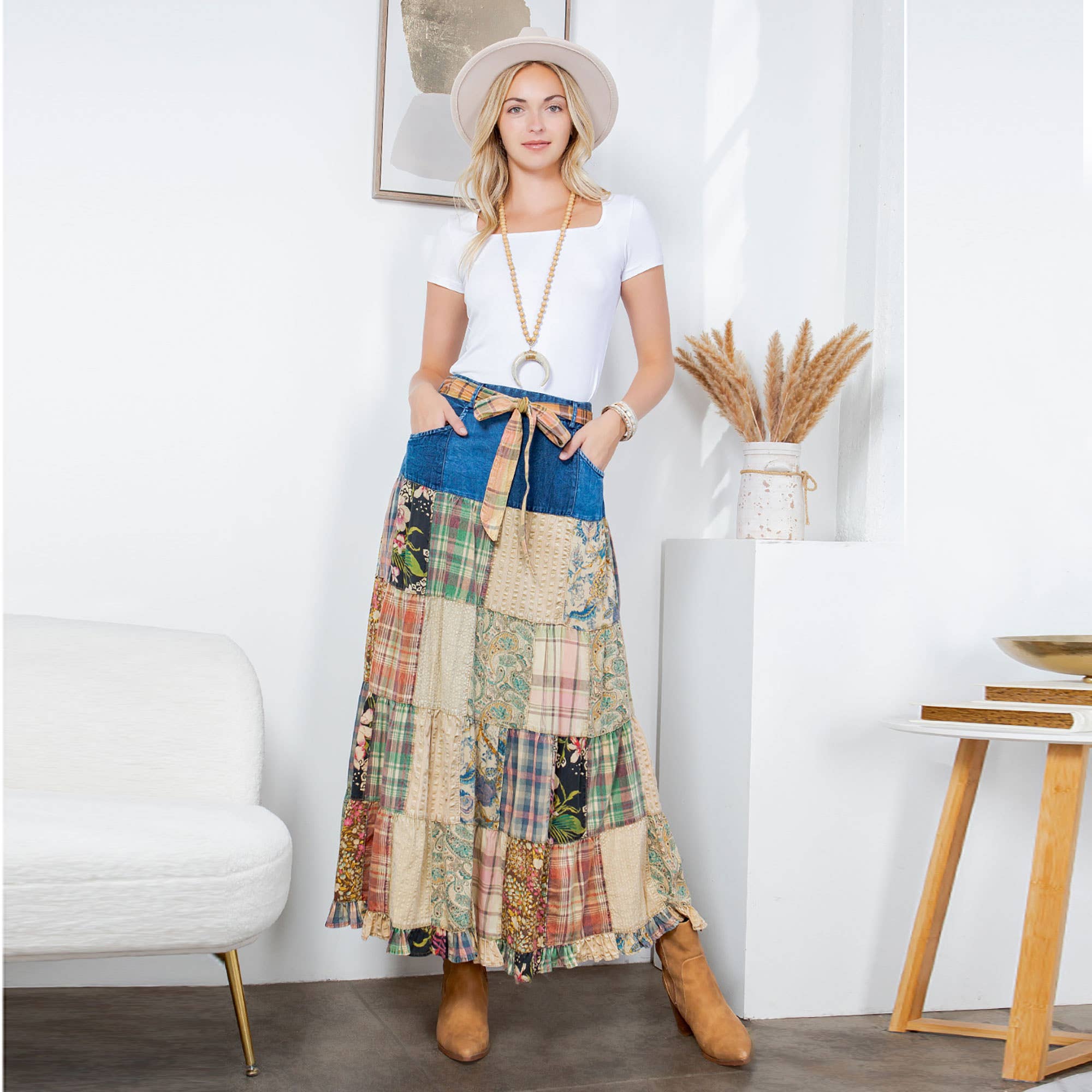 Young Threads - Western Boho Chic: Patchwork Belted Skirt  (New Color)