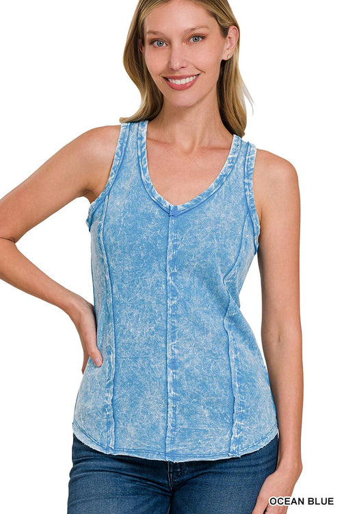 42POPS - `.SI-25350 Washed Raw Edge V Neck Sleeveless Top