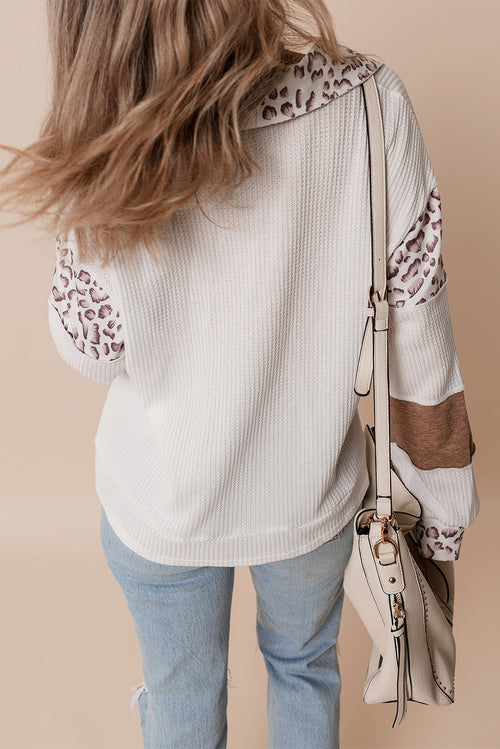 White game day Bow Embroidered Leopard Patchwork Collared Top