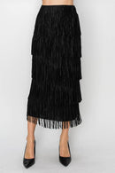 Origami Apparel ~  Multi Layered Fringed Black Midi Skirt - OLS-4794BK