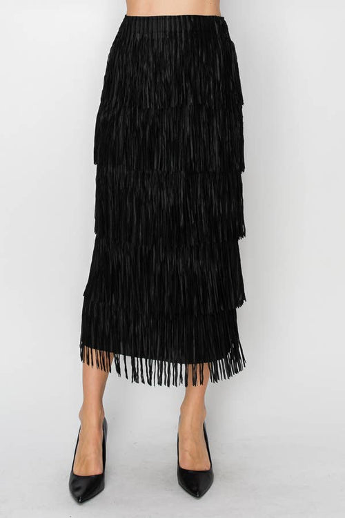 Origami Apparel ~  Multi Layered Fringed Black Midi Skirt - OLS-4794BK