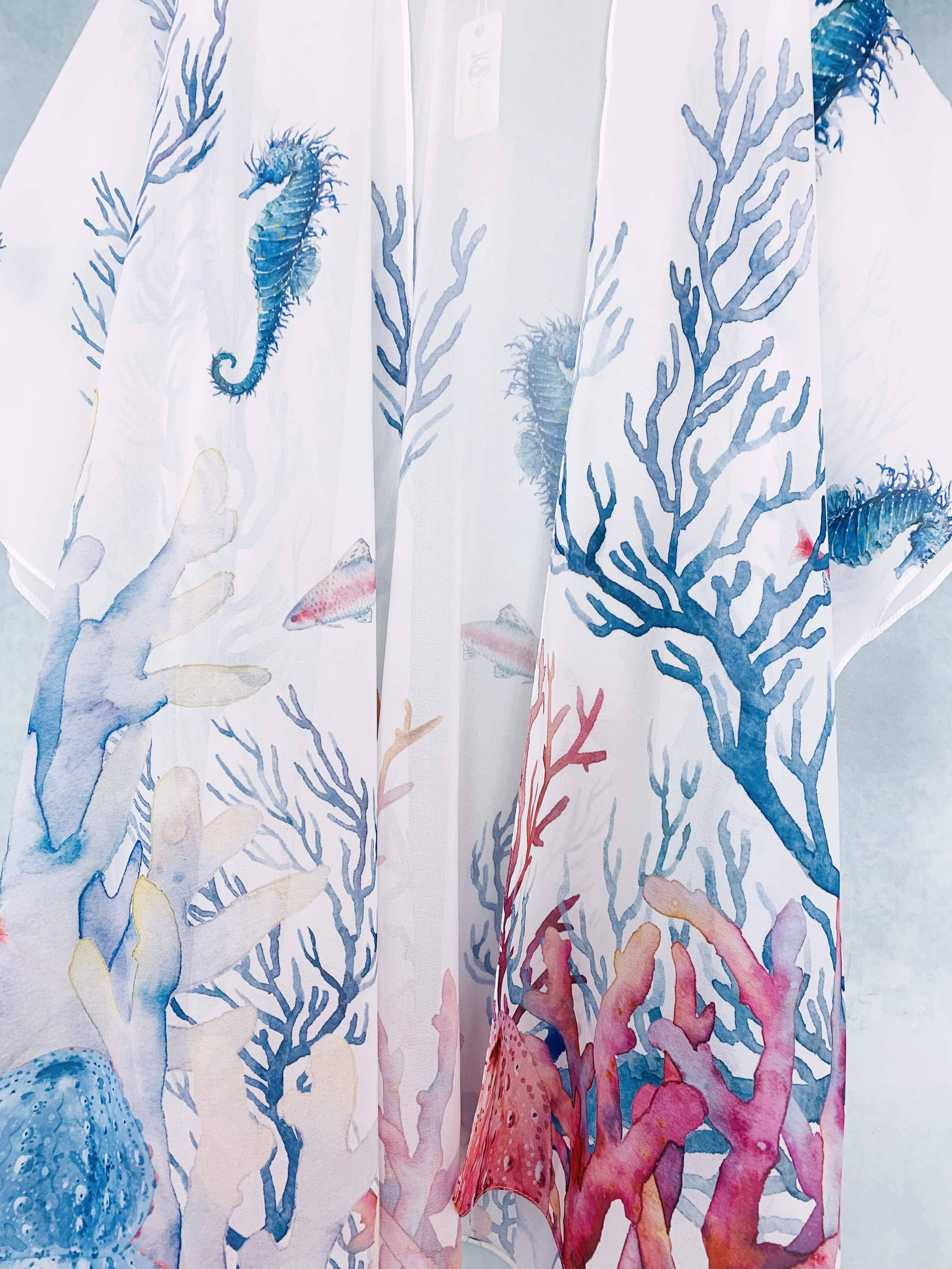 JC Sunny Fashion - JC071023 White-Multi Seahorse Coral Kimono