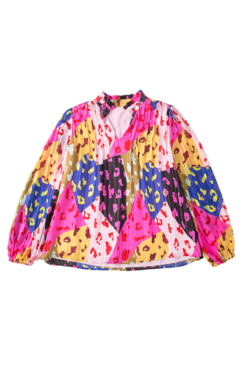 Orange Leopard Print Puff Sleeve Crinkle Blouse