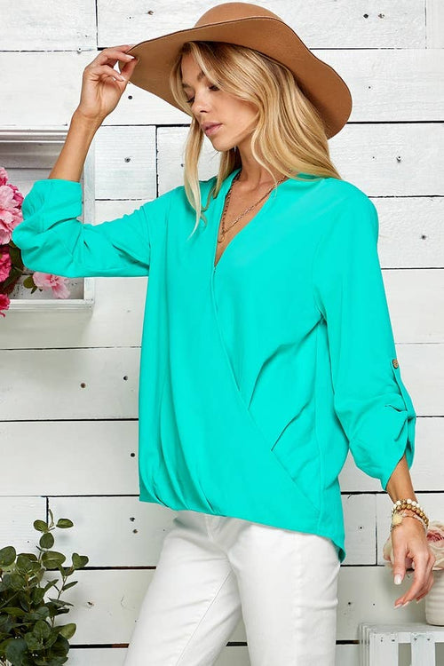 Shopin LA - SP4732T-24926- WOMEN SOLID WRAP CROSSOVER BLOUSE