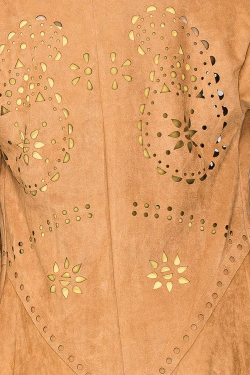 Origami Apparel ~  Faux Suede Jacket Laser Cutout Design - OLS-4762 CAMEL