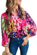 Orange Leopard Print Puff Sleeve Crinkle Blouse
