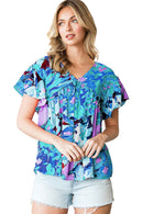 Sky Blue Boho Abstract Print V Neck Flutter Sleeve Blouse
