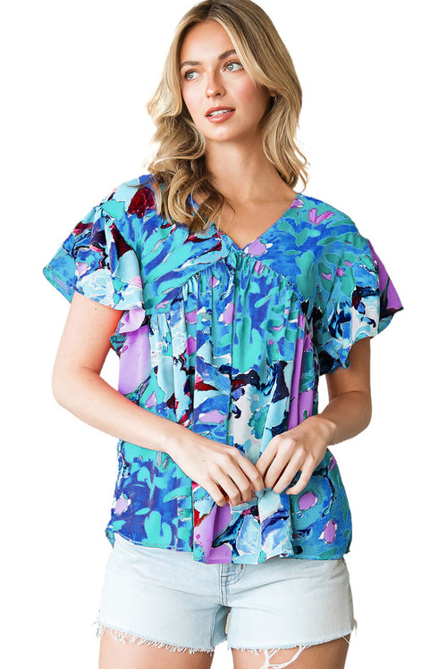 Sky Blue Boho Abstract Print V Neck Flutter Sleeve Blouse