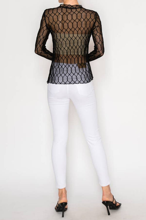 Origami Apparel ~  Lace and Crochet inspired - Sheer Lattice Mesh Long Sleeve Blouse - OLS-4866 BK