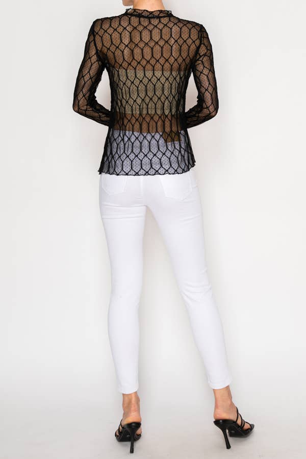 Origami Apparel ~  Lace and Crochet inspired - Sheer Lattice Mesh Long Sleeve Blouse - OLS-4866 BK