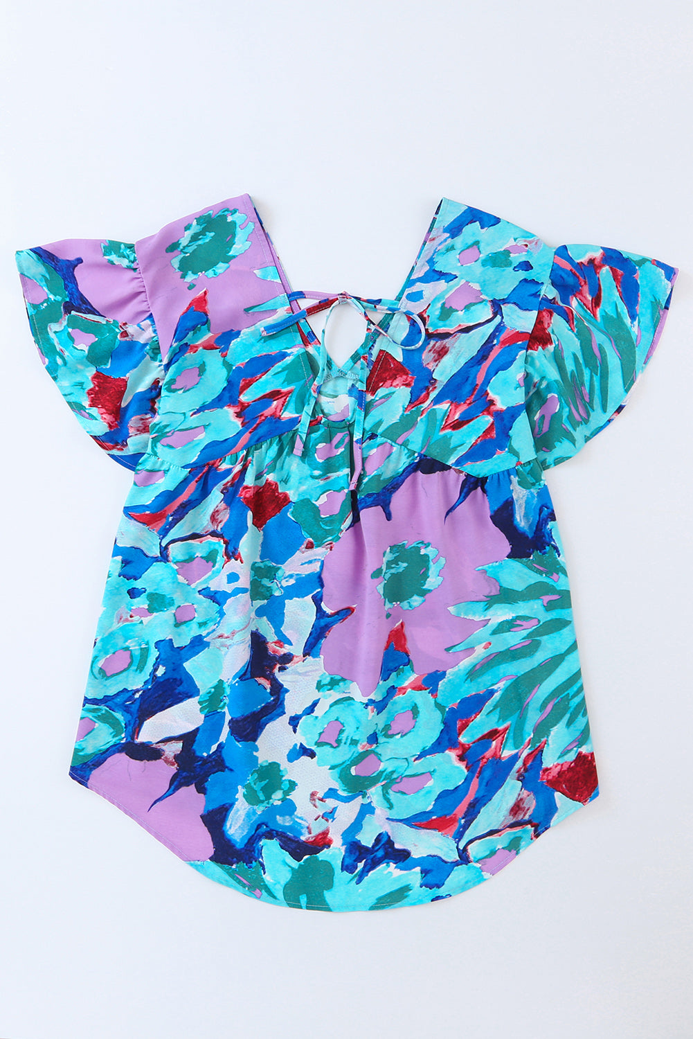 Sky Blue Boho Abstract Print V Neck Flutter Sleeve Blouse