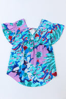 Sky Blue Boho Abstract Print V Neck Flutter Sleeve Blouse