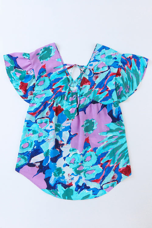 Sky Blue Boho Abstract Print V Neck Flutter Sleeve Blouse
