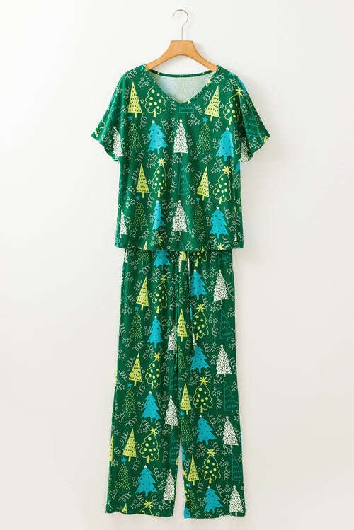 Rose Christmas Tree Print V Neck Tee and Pants Lounge Set