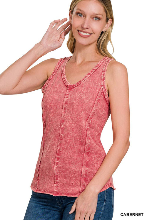 42POPS - `.SI-25350 Washed Raw Edge V Neck Sleeveless Top