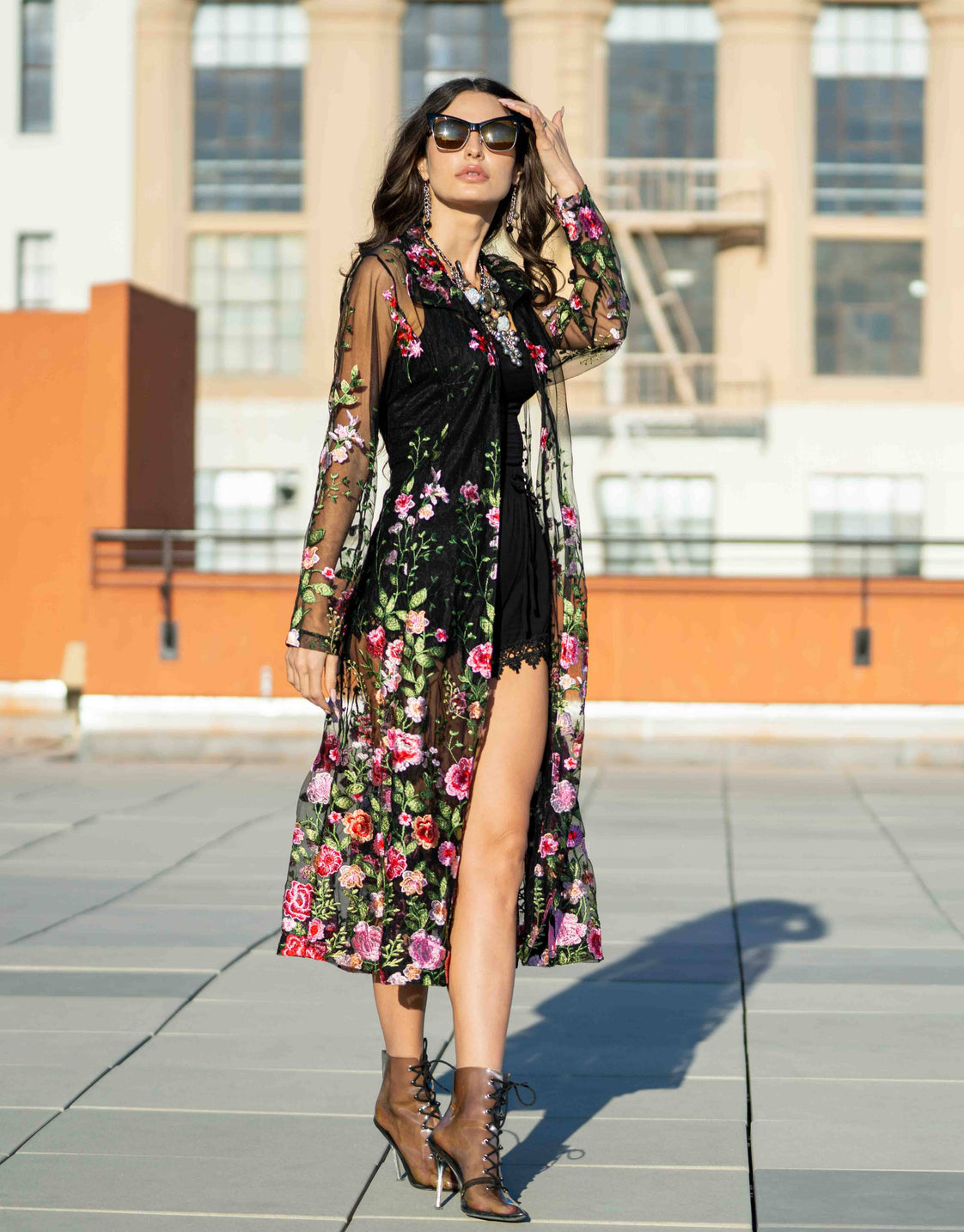 Adore - T417-B2 Embroidered Mesh Duster Jacket