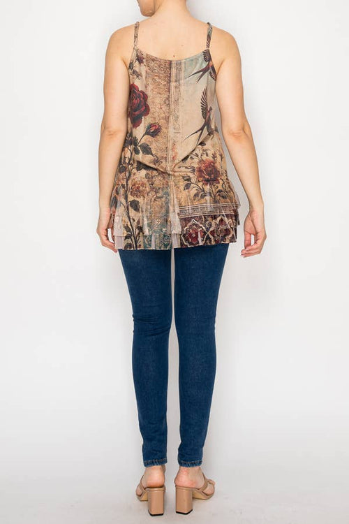 Origami Apparel ~  Lace and Crochet inspired - Adjustable Relaxed Cami Tank With Layered Ruffled Trim - T14TP VINT BIRD