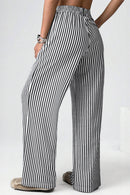 Black Striped Elastic Waistband Pocketed Loose Pants