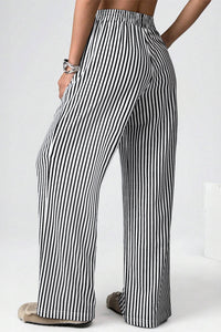 Black Striped Elastic Waistband Pocketed Loose Pants