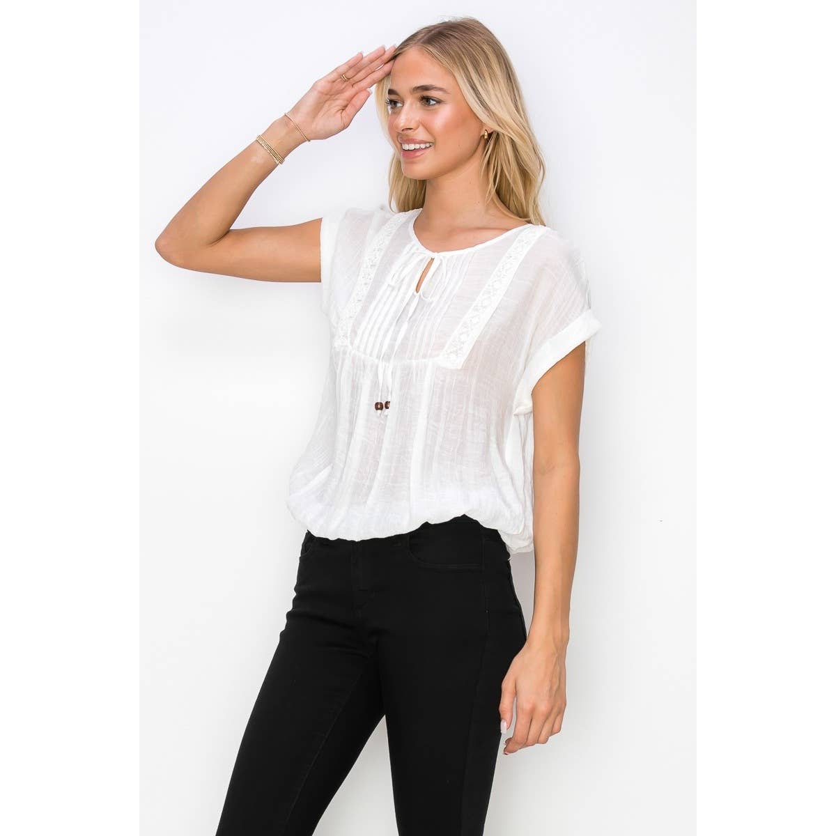 Perseption - Keyhole Tie Neck Pintuck Front Peasant Blouse