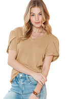 White Tulip Sleeve Waffle Knit V Neck T-Shirt