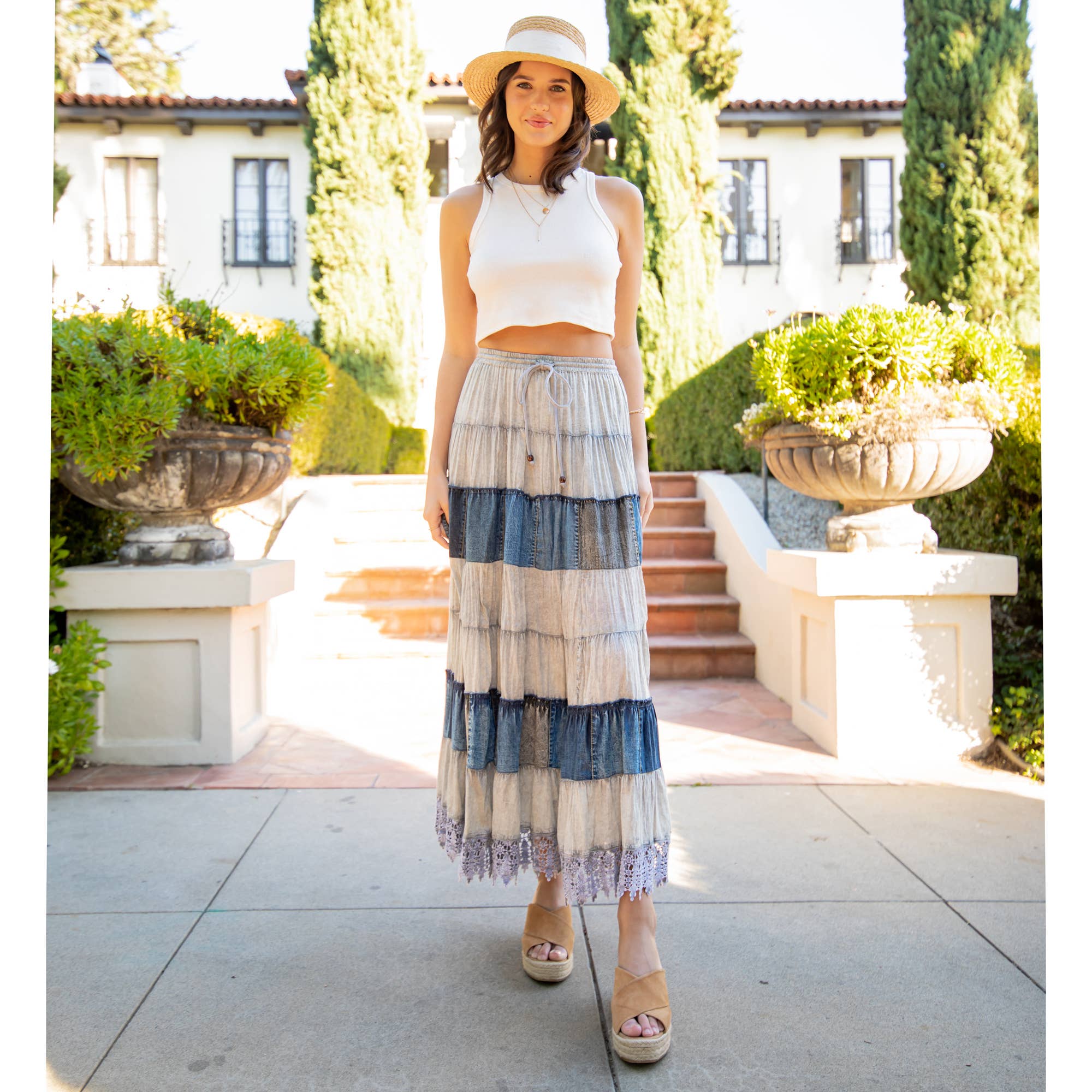 Young Threads - Women Long Tiered Western Skirt, Lined With Two Pockets