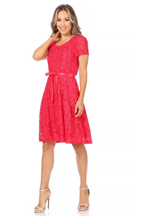 MOA COLLECTION - Women's Lace Short Sleeve A-Line Midi Dress