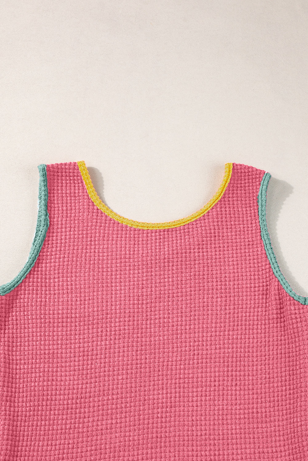 Rose Red Color Block Patched Pocket Waffle Knit Tank Top
