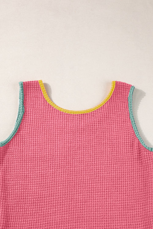 Rose Red Color Block Patched Pocket Waffle Knit Tank Top