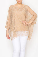 Origami Apparel ~  Lace and Crochet inspired - Subtly Glam Lace Overlay Top With Lining & Sparkles - 4853TAUPE