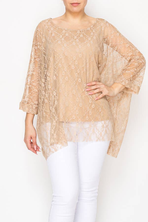 Origami Apparel ~  Lace and Crochet inspired - Subtly Glam Lace Overlay Top With Lining & Sparkles - 4853TAUPE