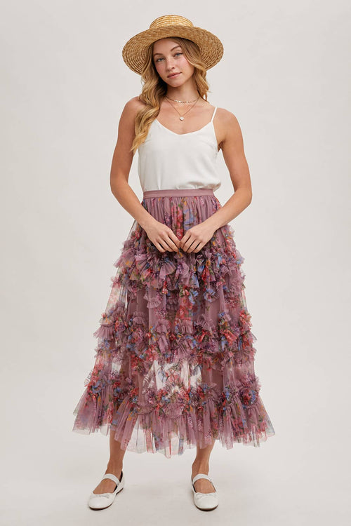 Bluivy - FLORAL RUFFLED MESH MIDI SKIRT