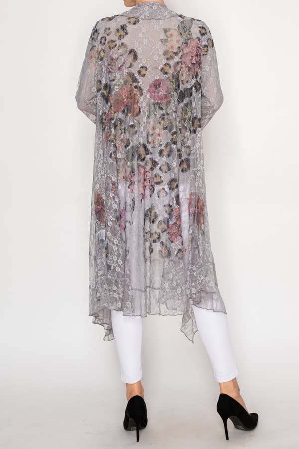 Origami Apparel ~  Lace and Crochet inspired - Lightweight Floral Lace Ruffle Duster With Sparkles - 4849GREY LEO FL