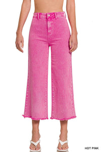 42POPS - ",,..Acid Washed Frayed Cutoff Hem Straight Wide Pants
