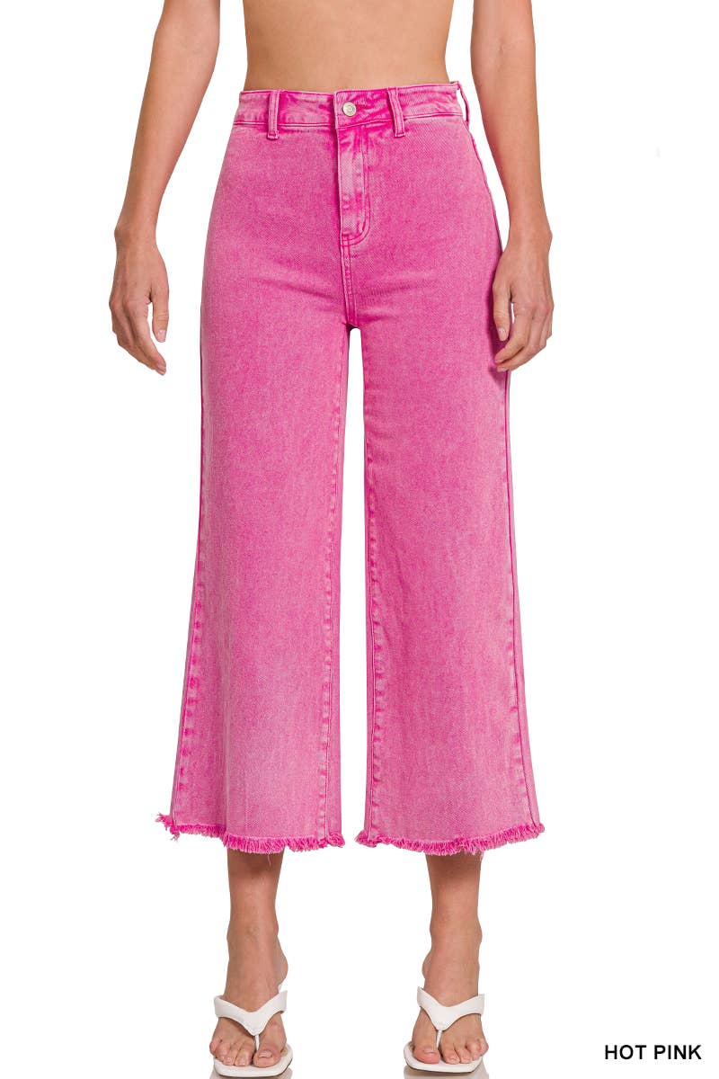 42POPS - ",,..Acid Washed Frayed Cutoff Hem Straight Wide Pants
