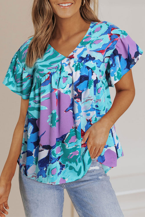 Sky Blue Boho Abstract Print V Neck Flutter Sleeve Blouse