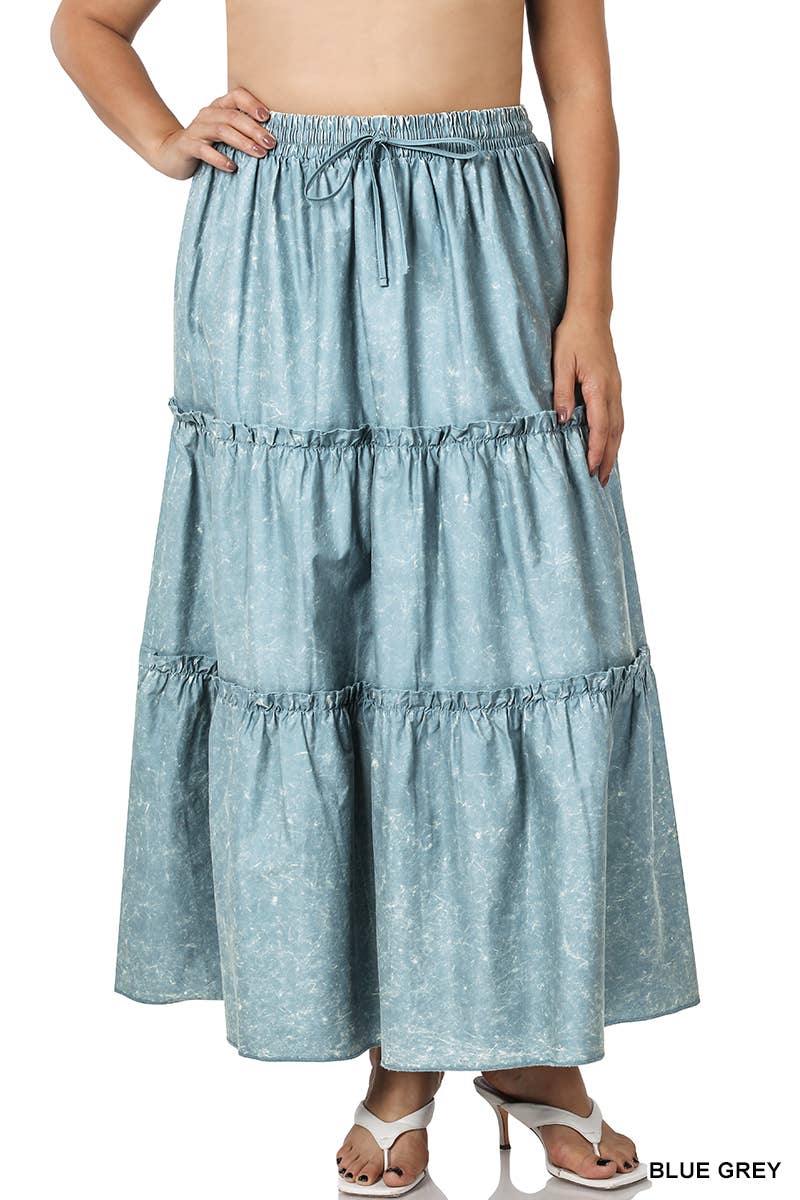 42POPS - `.SI-23133 PLUS SIZE WOVEN ACID WASH DRAWSTRING WAIST TIER