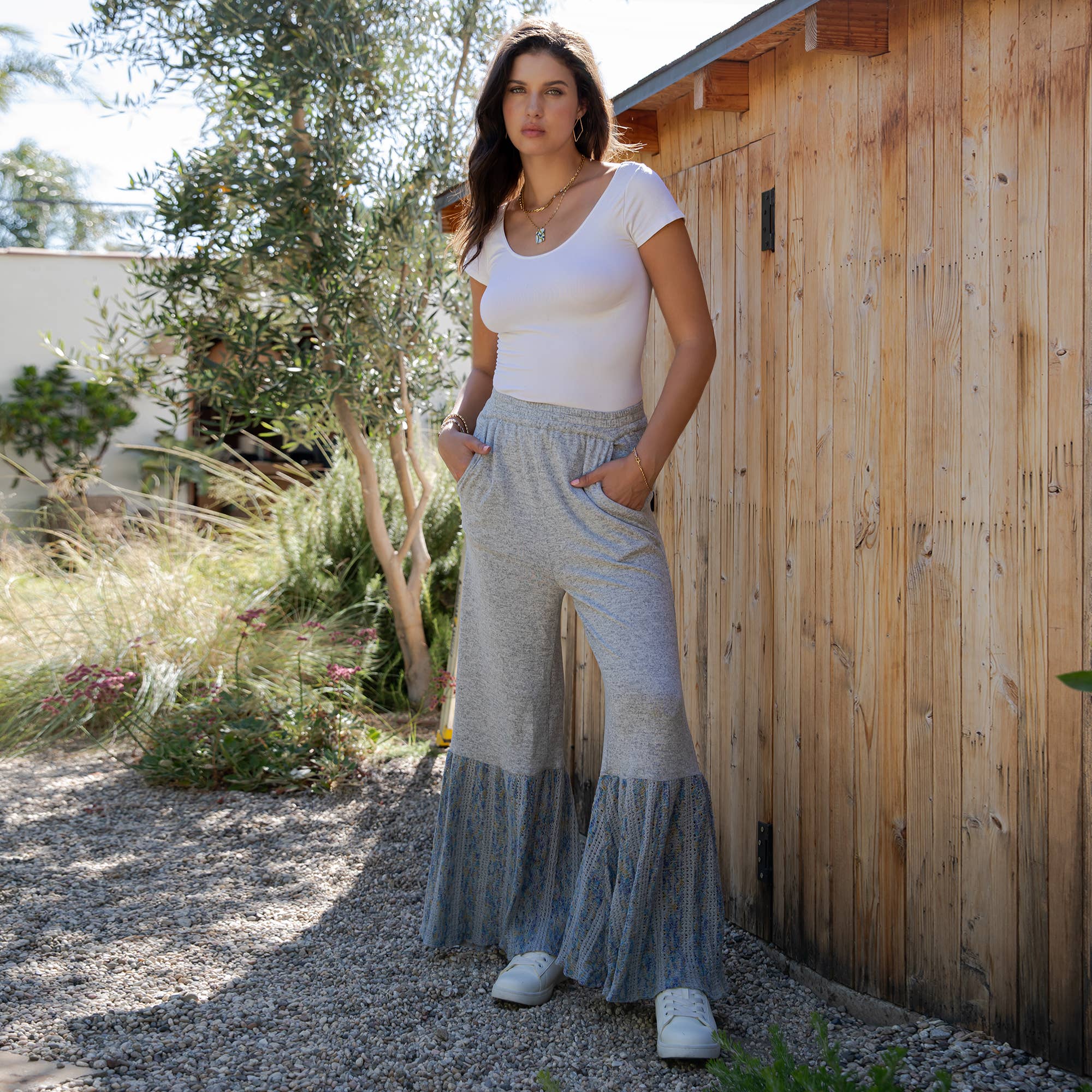 Young Threads - Preorder: Bell Bottom Boho Pants in Crochet Sweater Fusion