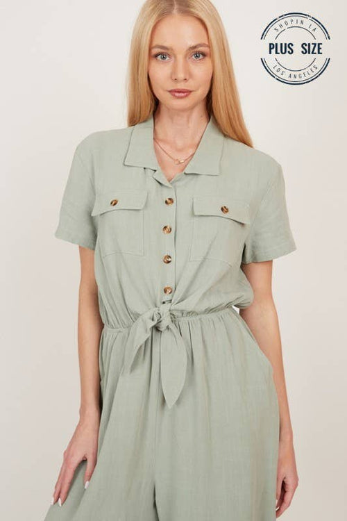 Shopin LA - CSP9220P - PLUS BUTTON UP FRONT POCKET COLLARED JUMPSUIT
