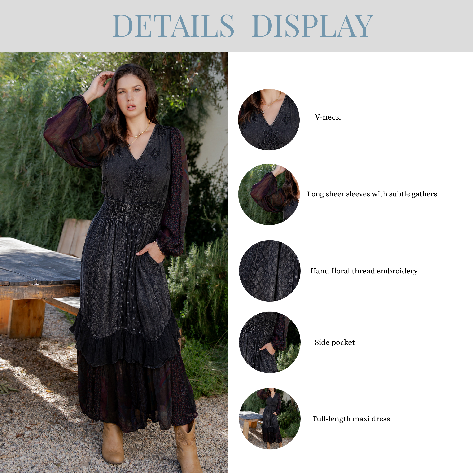 Young Threads - Boho Embroidered Ruffle Maxi Smocked Dress with Sheer Sleeve