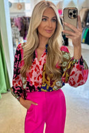 Orange Leopard Print Puff Sleeve Crinkle Blouse