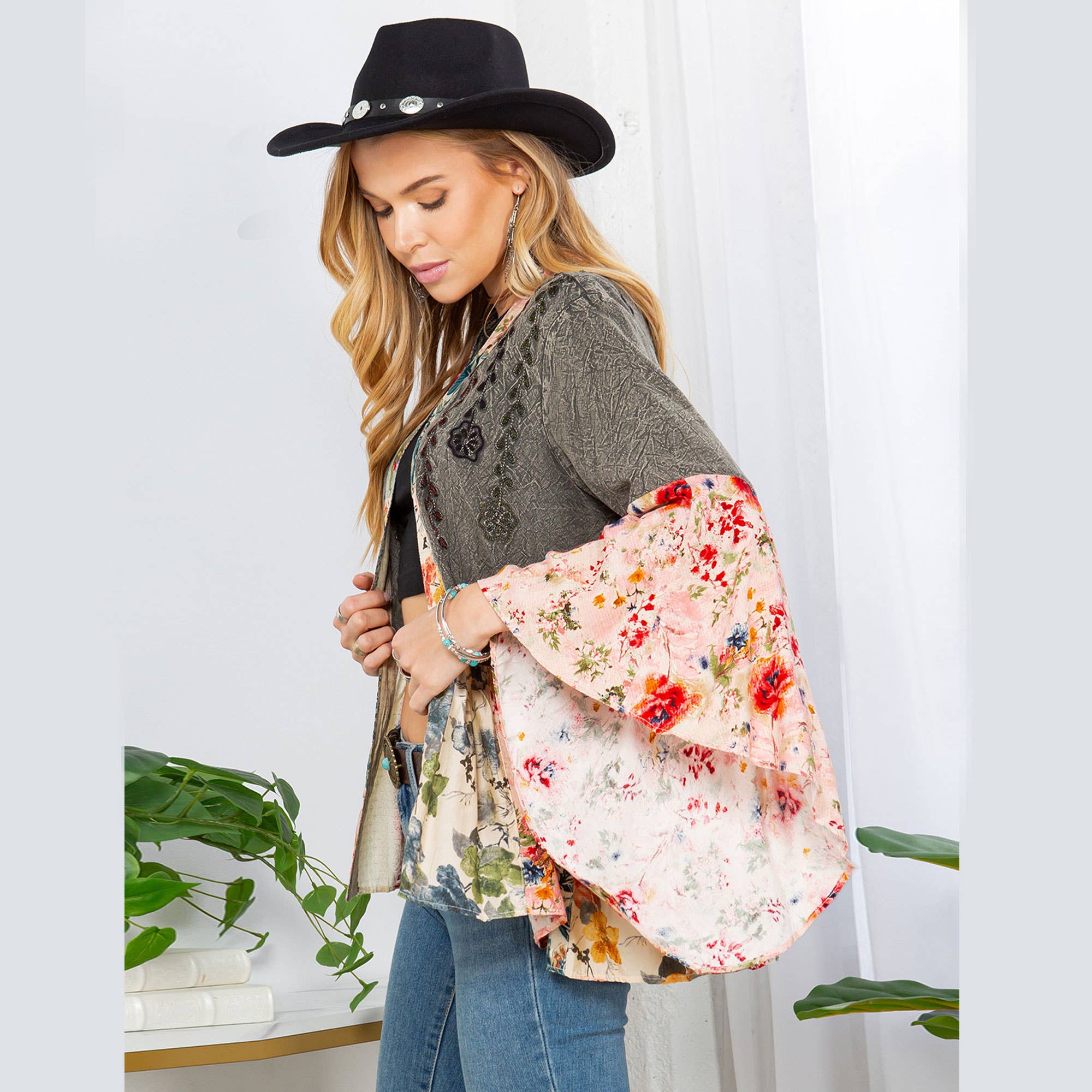 Young Threads - Printed Rayon Kimono Shrug with Embroidery (New Color)