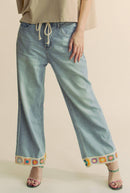 Davi & Dani - CROCHET TRIM STRAIGHT LEG DENIM JEANS
