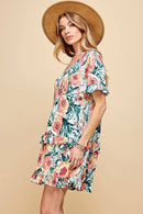 Shopin LA - .SD21025-1011 WOMEN FLORAL SHORT SLV MIDI DRESS WITH RUFFLE