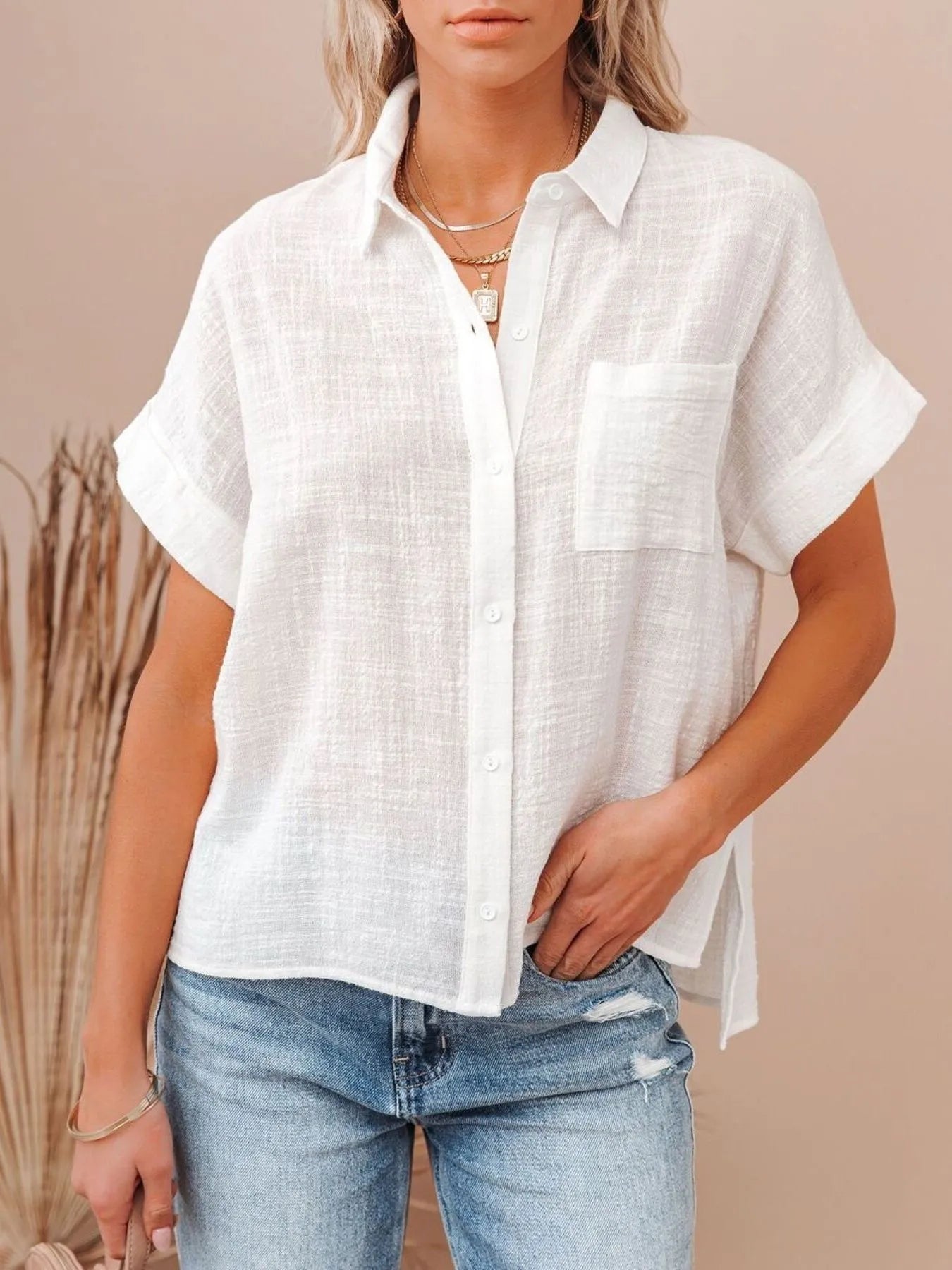 Full Size Button Up Short Sleeve Shirt Plus Size
