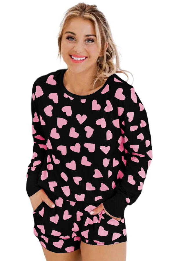 Pink Heart Print Long Sleeve Top and Shorts Loungewear Set