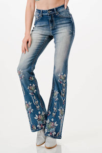 Grace in LA - Floral Embroidery High-Waist Flare| HL-61840