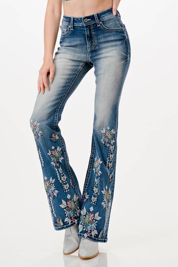 Grace in LA - Floral Embroidery High-Waist Flare| HL-61840