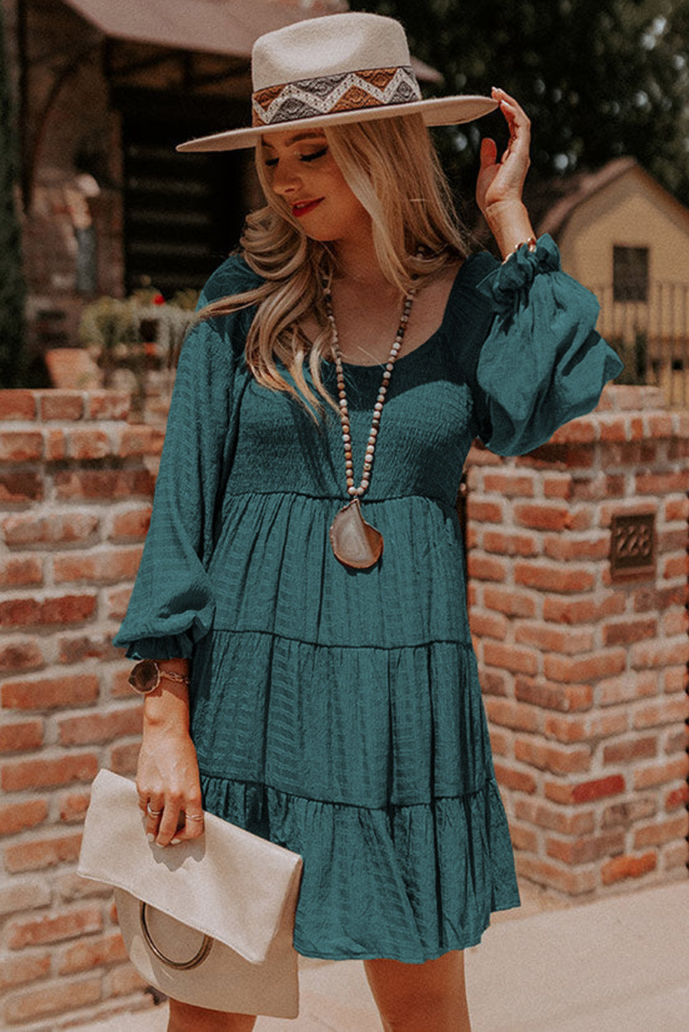 Brown Long Sleeve Smocked Tiered Boho Dress